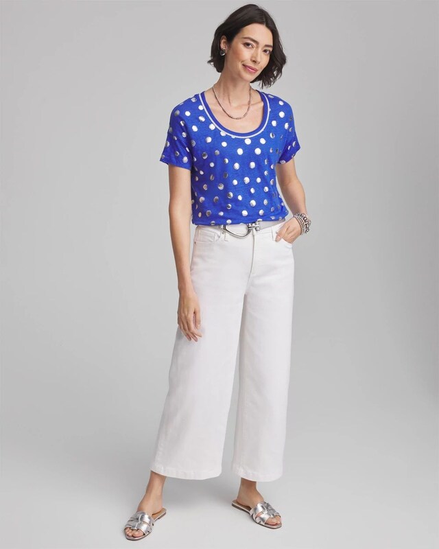 Foiled Polka-Dot Sweater-Trim Linen Tee - image 2
